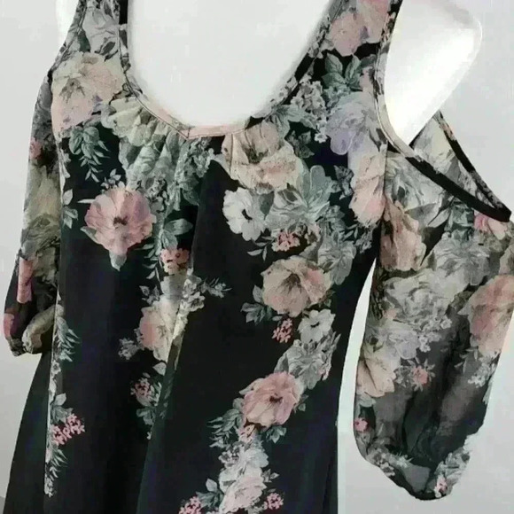 Maurices Floral Dress Cold Shoulder Scoop Neck Tie Back Black Pink Sheer Flowy - Picture 10 of 13